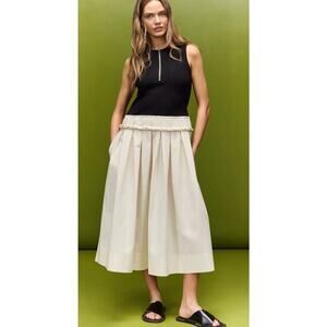 PLAN C x RTR Dress Knit & Poplin Two Toned Pleated Midi Cream Black Colorblock 4